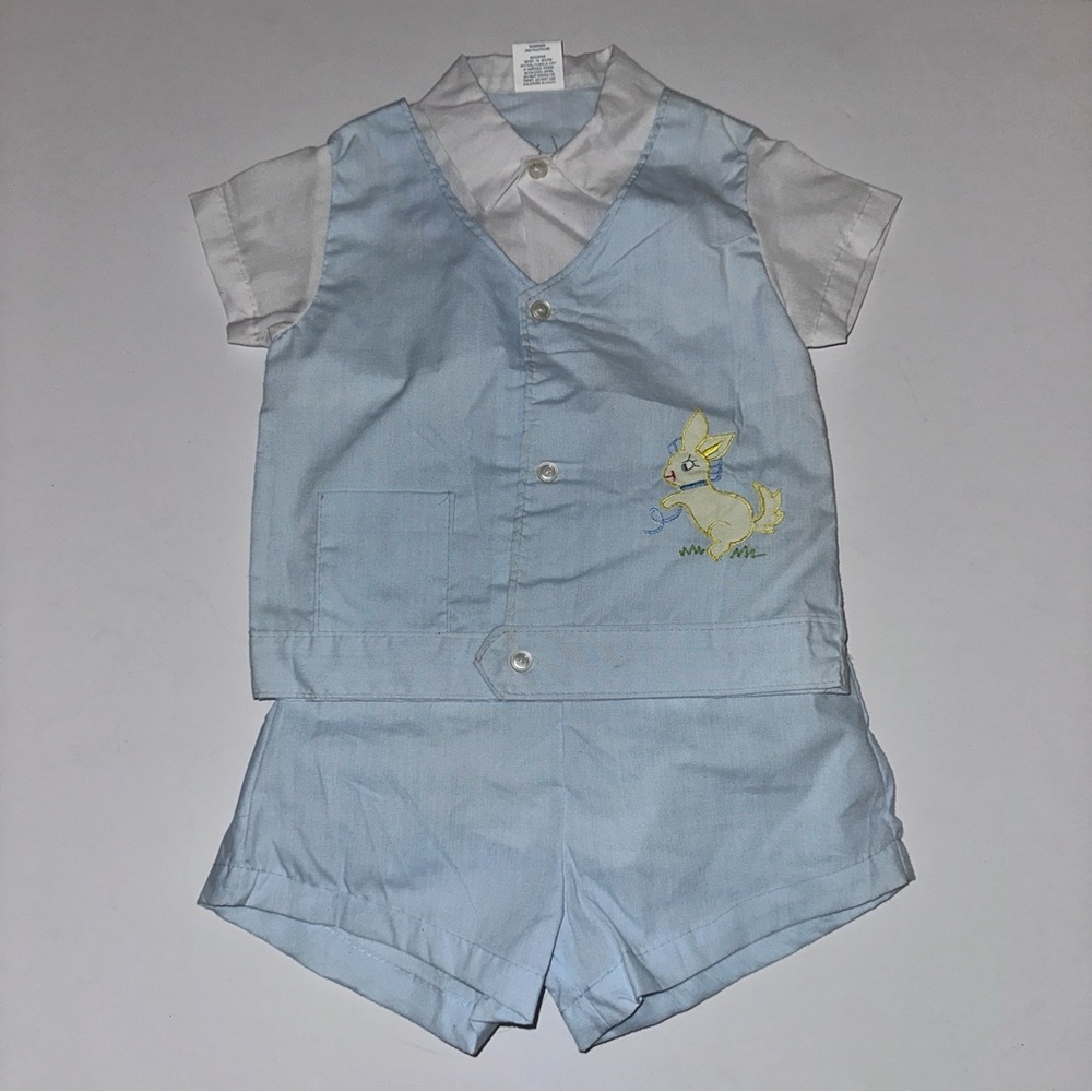 Vintage Cuties By Judy 2 Piece Baby Blue 18 Months 80s Appliqued Easter Rabbit